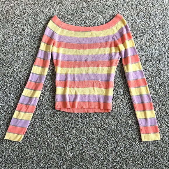 Intermix Womens Sz L Striped Off-The-Shoulder Knit Top Multicolor Long-Sleeve - Picture 8 of 9